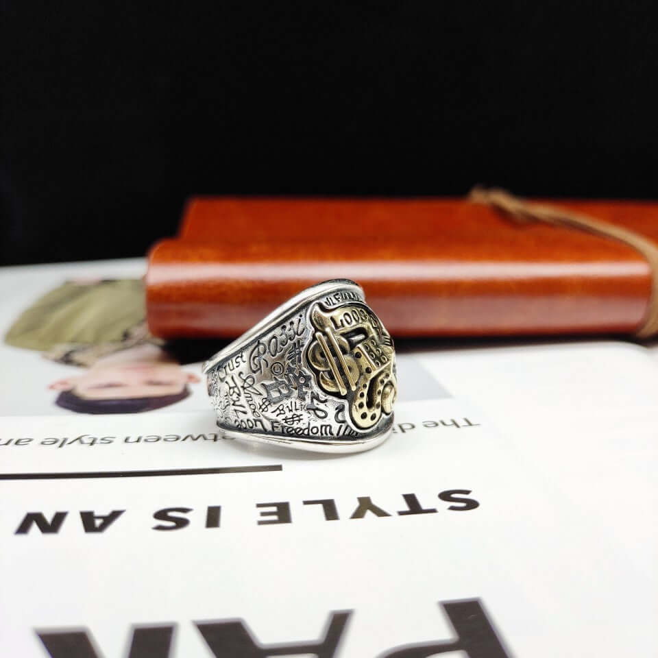 S925 Sterling Silver Hip-Hop Graffiti Retro Ring Men's Style